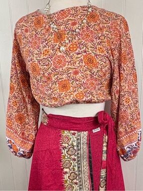Rachel Zoe Boho Floral Open Back Blouse Cropped Tie Back Festival XS